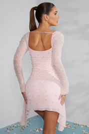 Embellished Mesh Sleeve Mini Dress