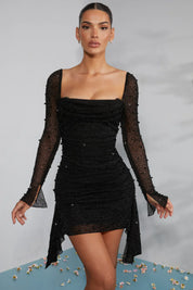 Embellished Mesh Sleeve Mini Dress