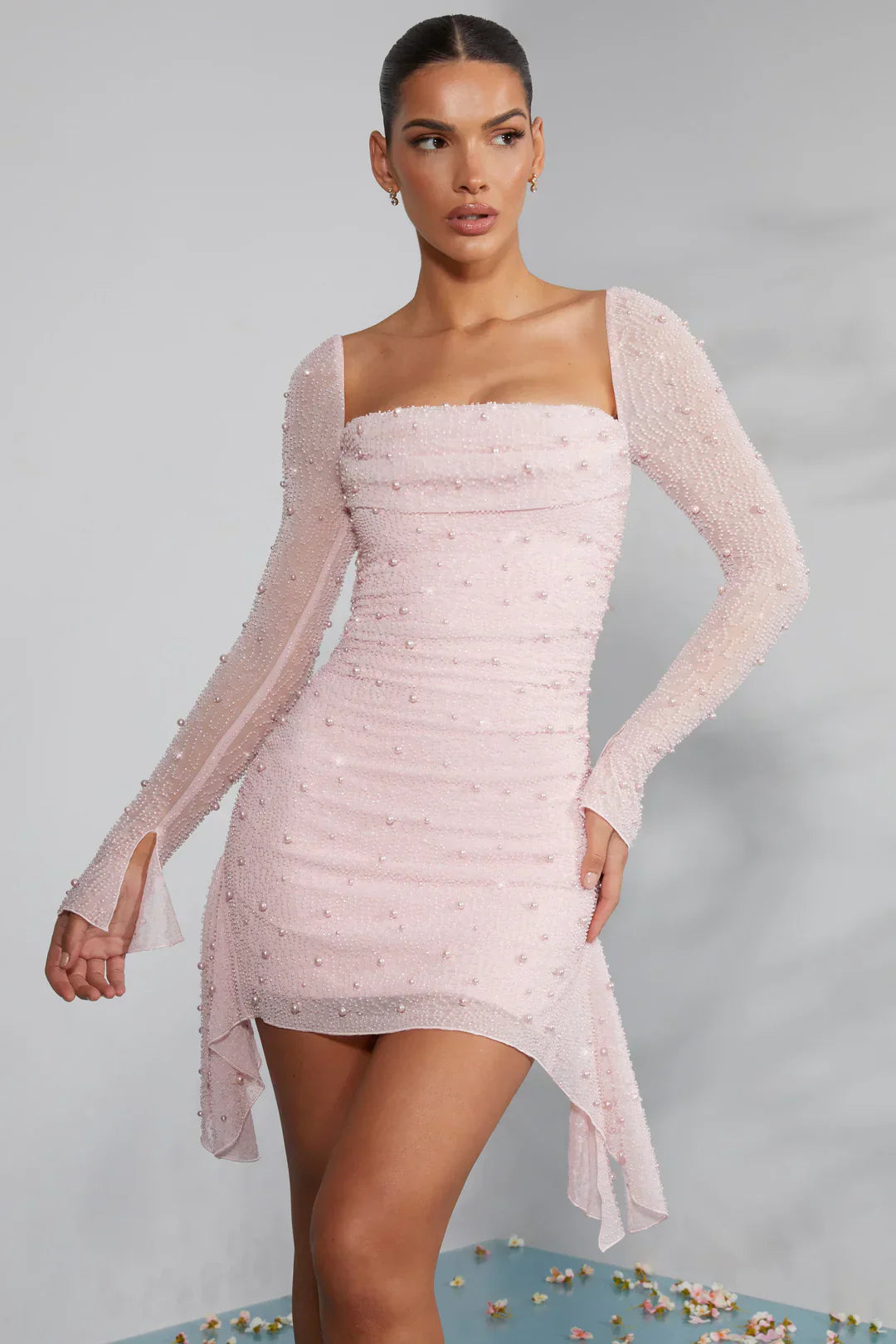 Embellished Mesh Sleeve Mini Dress