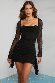 Embellished Mesh Sleeve Mini Dress