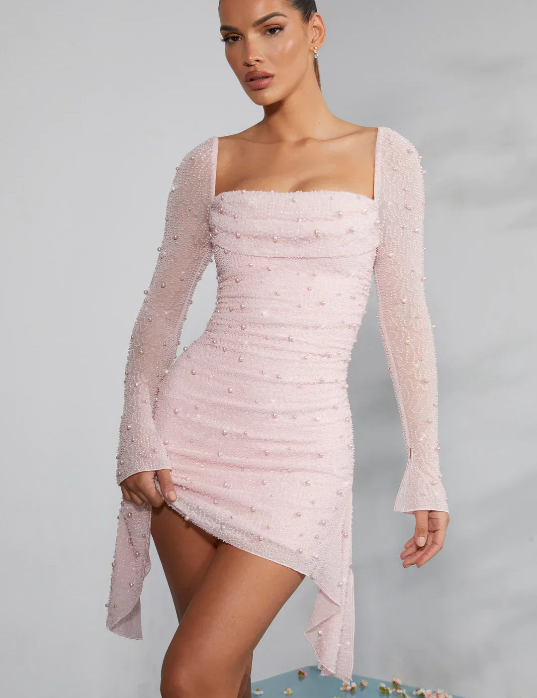 Embellished Mesh Sleeve Mini Dress