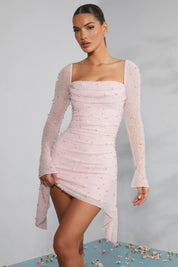 Embellished Mesh Sleeve Mini Dress