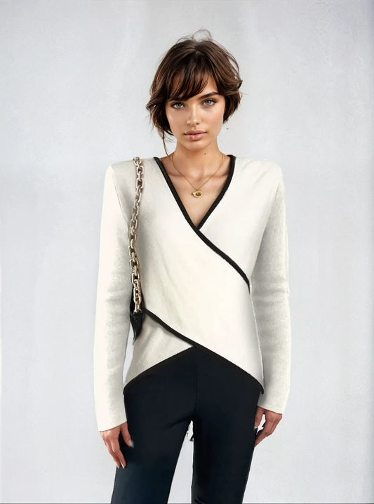 White Wrap Jumper with Black Contrast