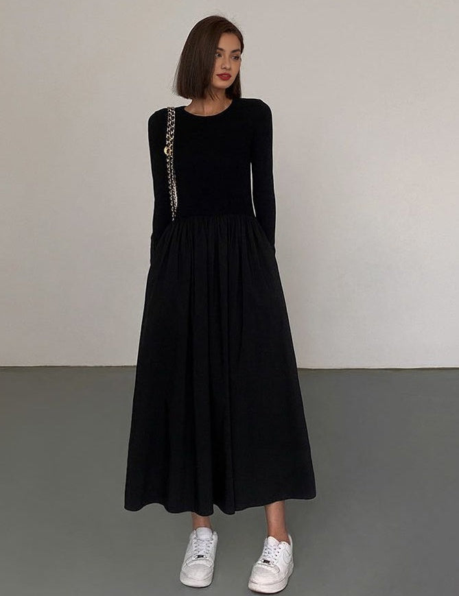 Leisure Pockets Long Sleeve Long Dress-1