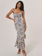 Floral Print Knotted Irregular Hem Long Dress-3