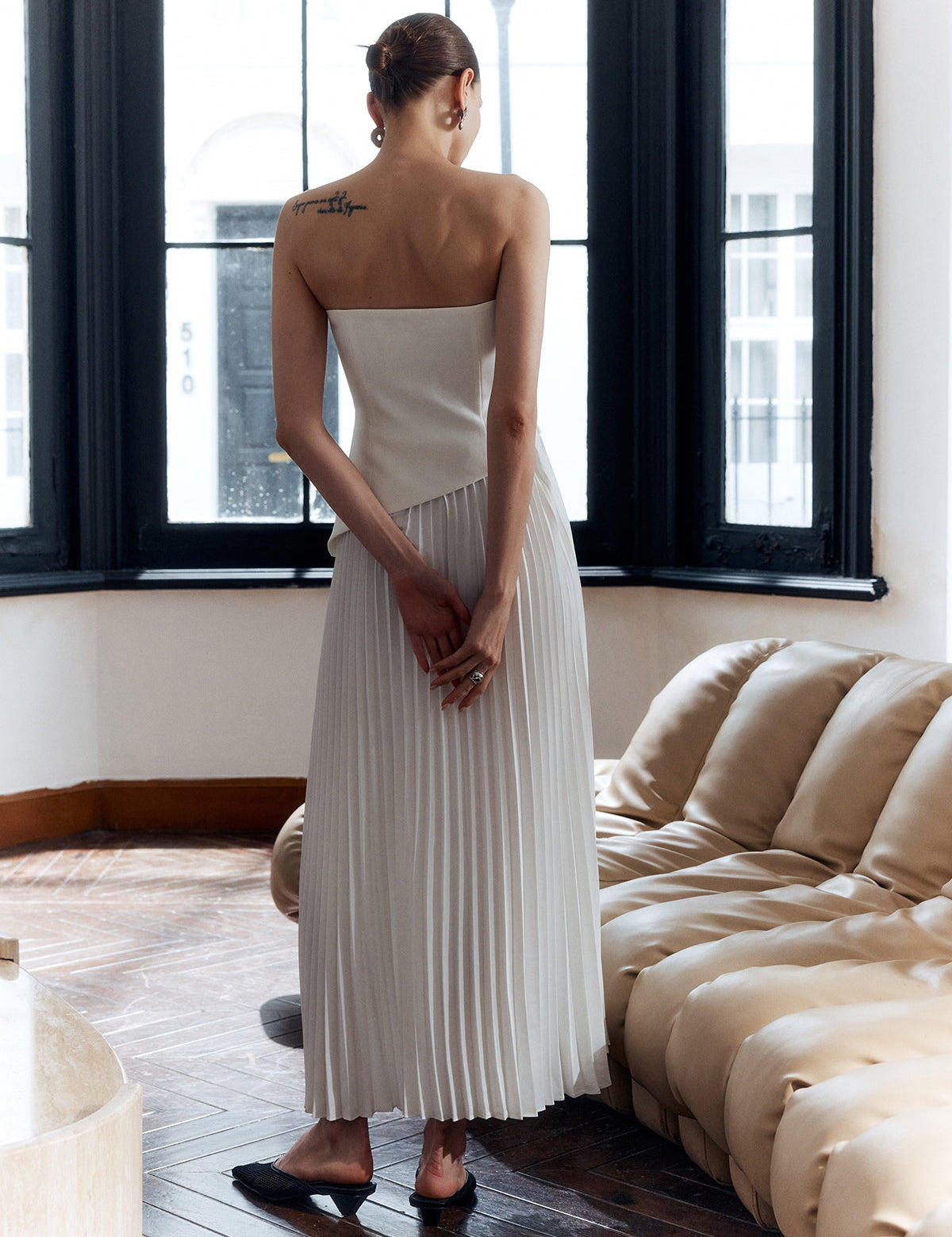 Solid Pleated Strapless Split Dress 2