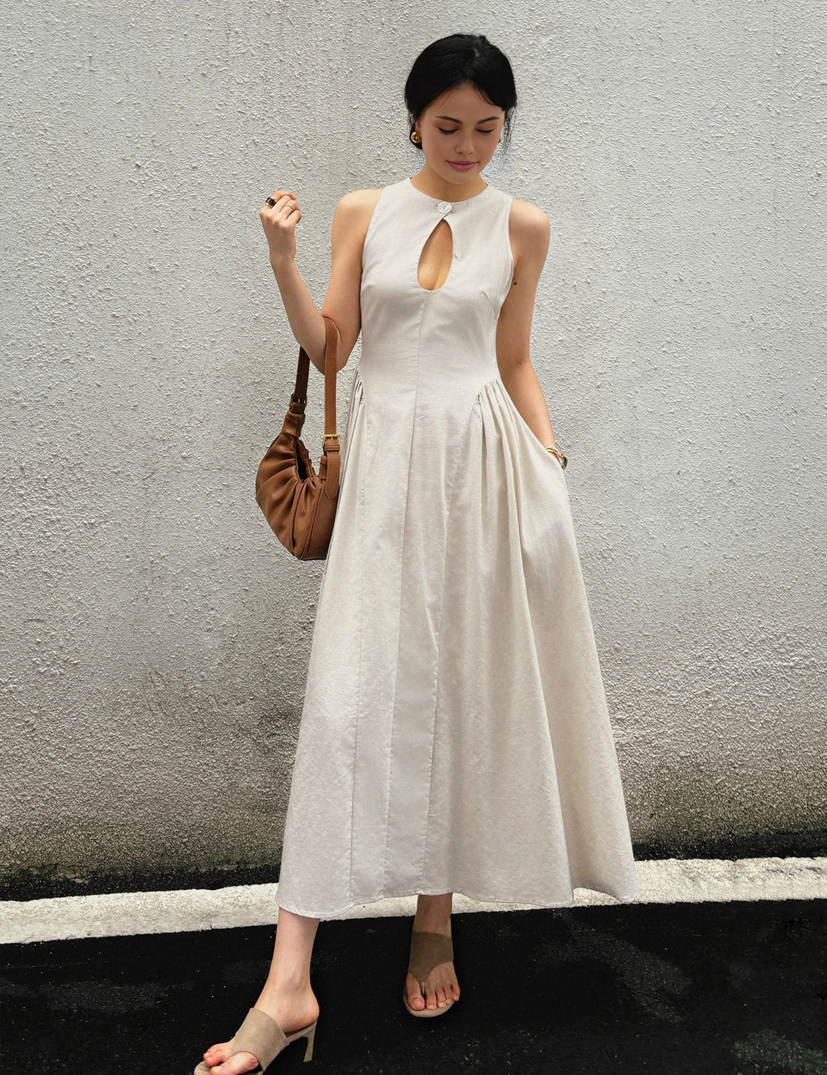 Cotton & Linen Pleated Cutout Long Dress 3