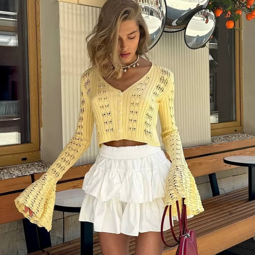 Cropped Knit Cardigan with Flared Sleeves