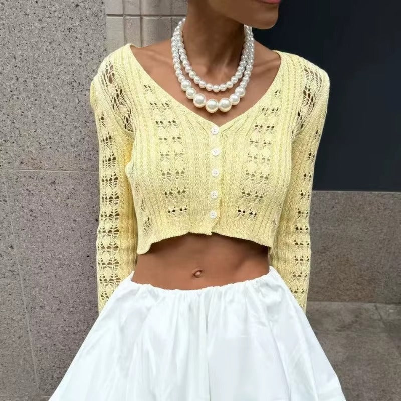 Cropped Knit Cardigan with Flared Sleeves