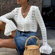 Cropped Knit Cardigan with Flared Sleeves