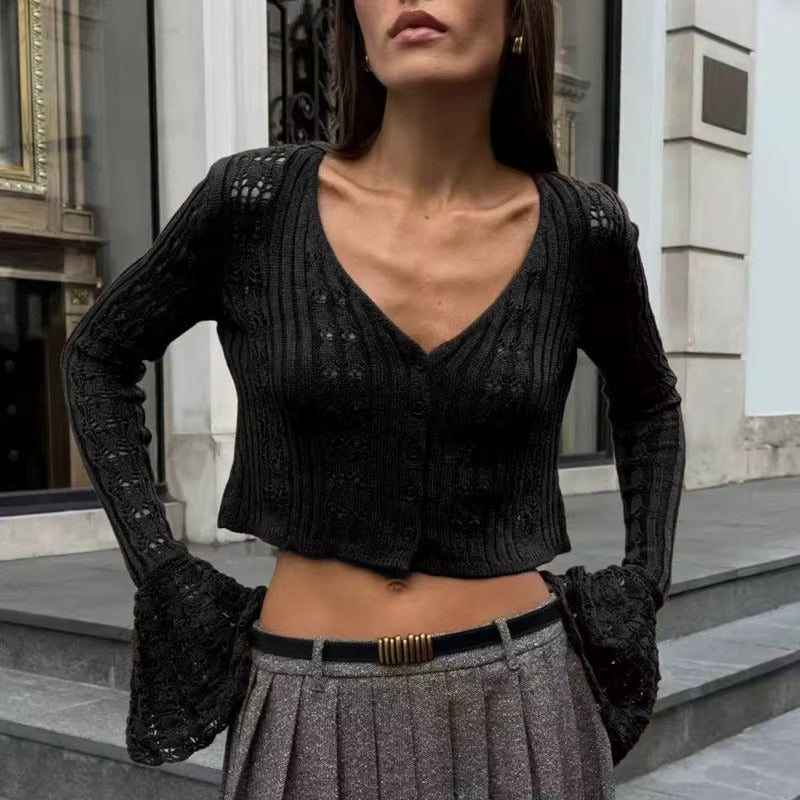 Cropped Knit Cardigan with Flared Sleeves