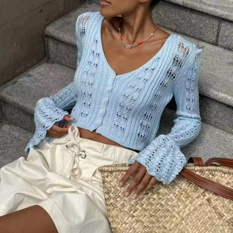 Cropped Knit Cardigan with Flared Sleeves