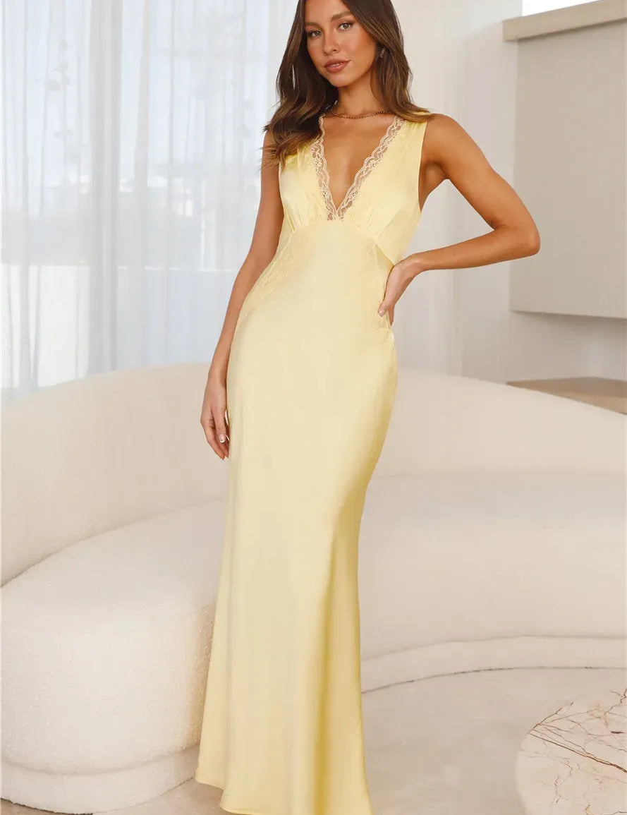 Elegant Satin Maxi Dress with Lace